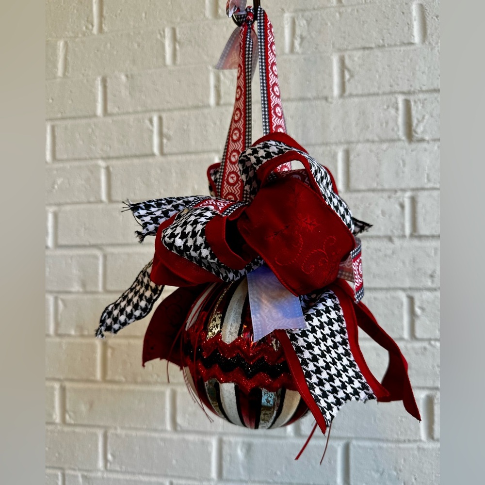 University of Alabama Red, White, Black 7” tall round Ornament w/Ribbon Accents